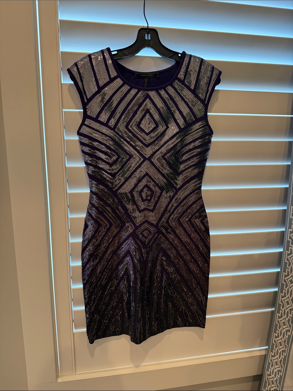 BCBGMaxAzria Purple and Silver Geometric Bodycon Dress